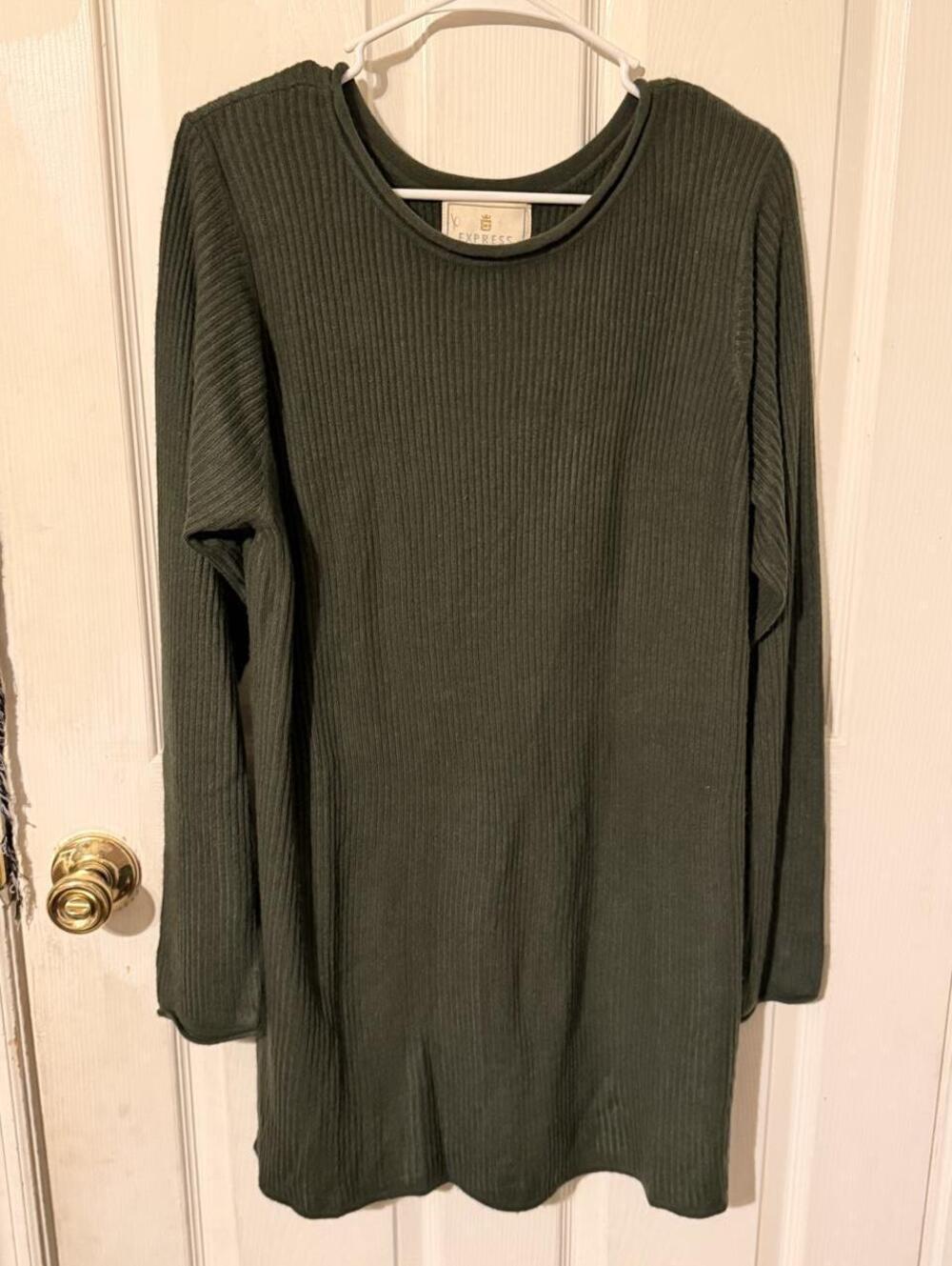 VTG 90s Express Tricot Ribbed Knit Olive Green Fall whimsigoth Sweater Dress